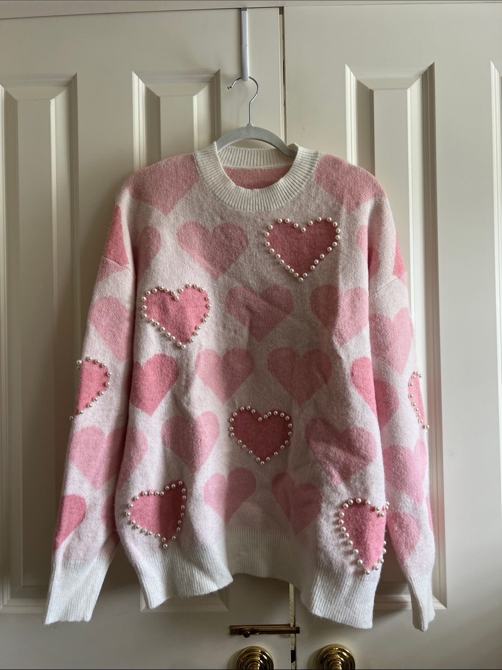 Women’s Pink Heart Pearl Sweater Large (see pictures)